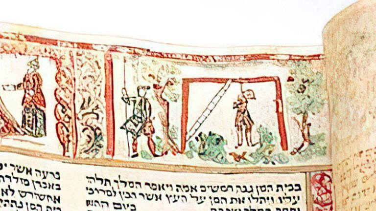 Detail of the Scroll of Esther with an image of Haman hanging from the gallows.